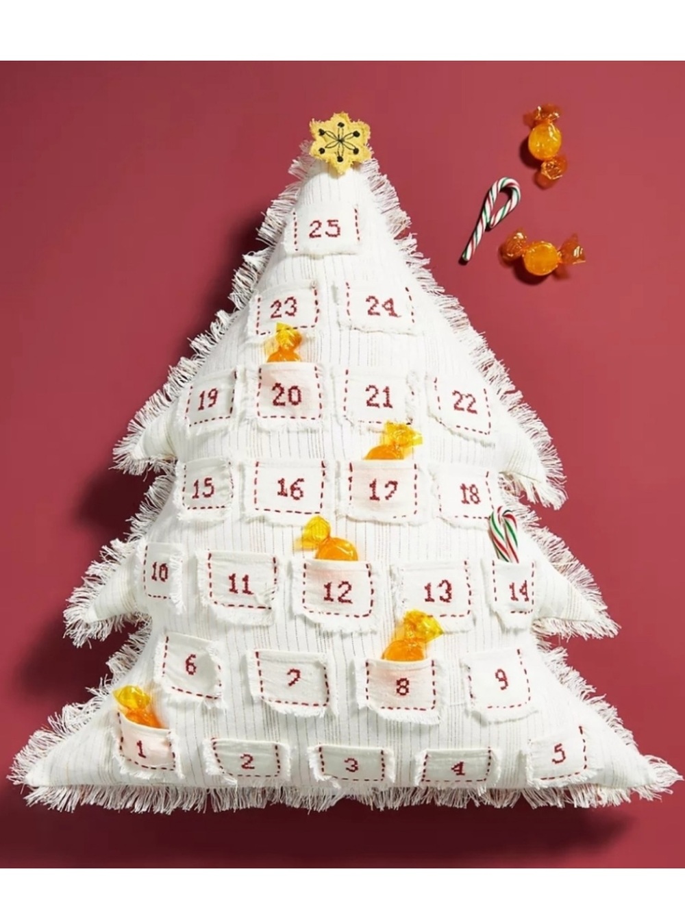 Anthropologie Christmas Tree Advent Calender Pillow 25 Pocket Holiday Decor NWT